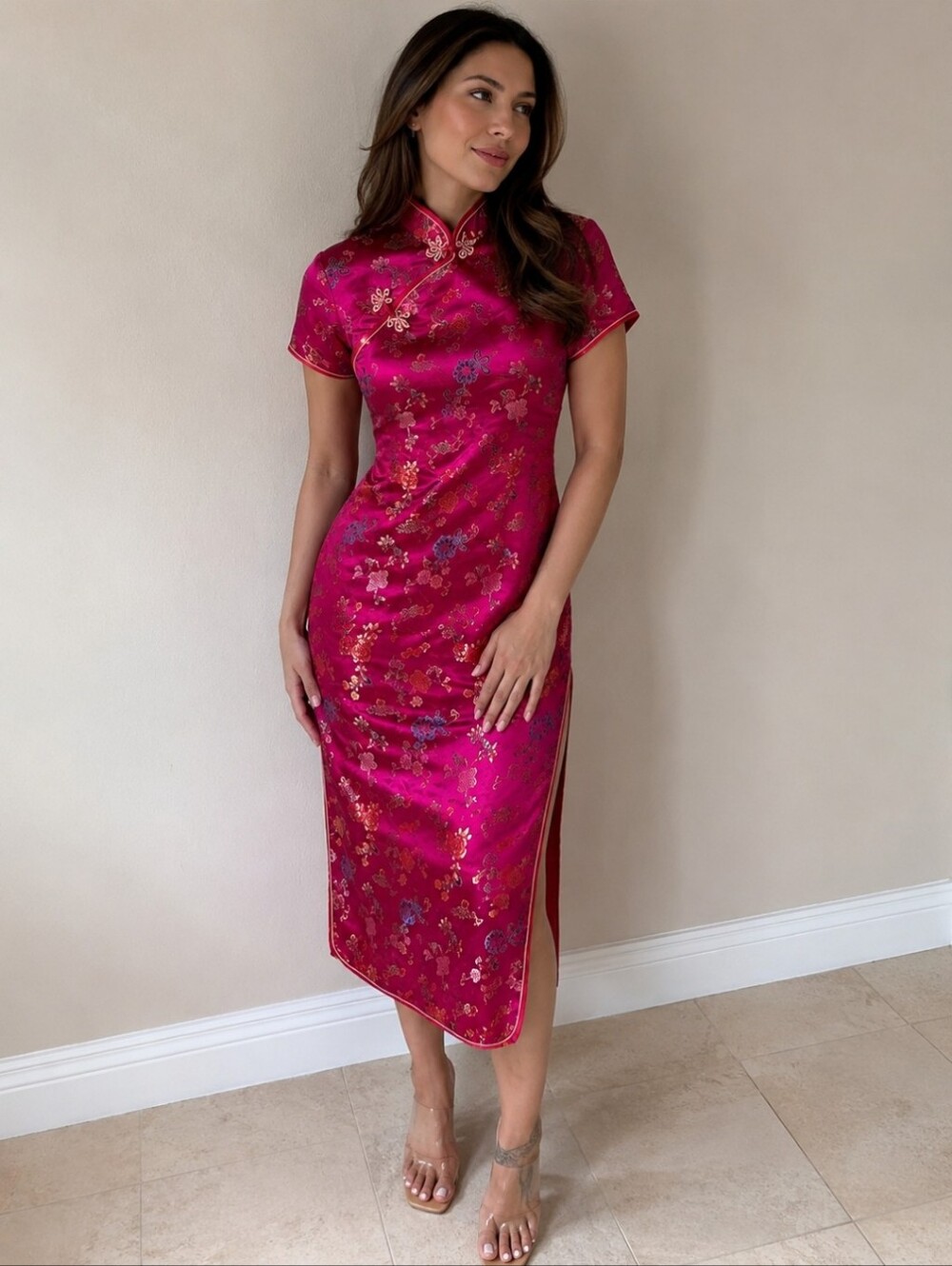 Bright Magenta Satin Floral Embroidered Size Medium